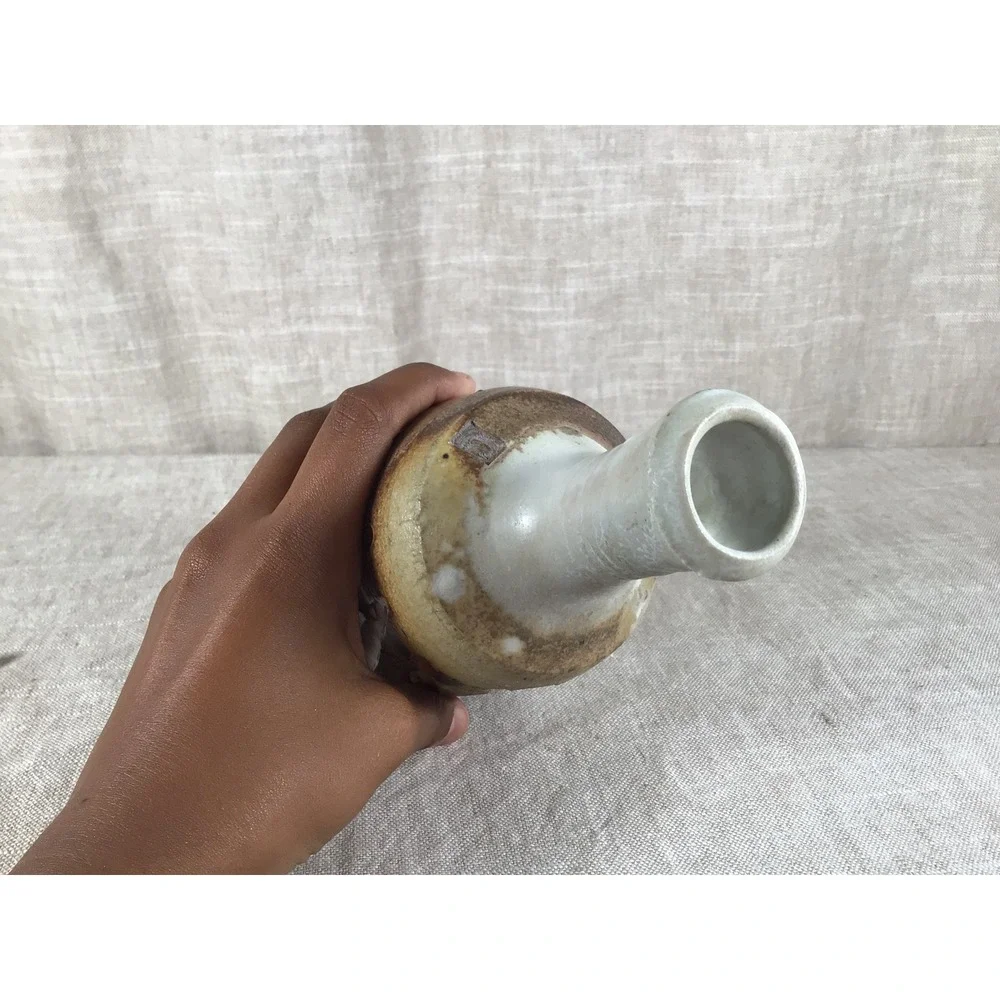 Studio Pottery Vase Good Vintage Love Inscribed Rustic Brown Cream Stoneware 7